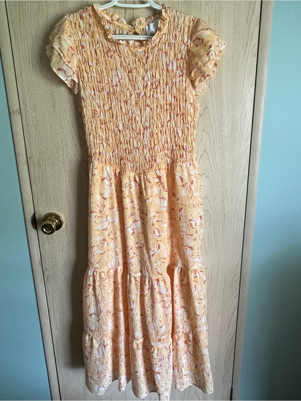Sam Edelman Smocked Top Tiered Skirt Midi Dress Floral Peach Sz L
